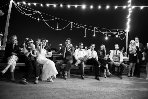 Black and white photo of a wedding reception at The Garty Pavilion.