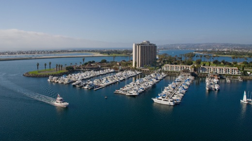 Birds eye view over the ocean of the Hyatt Regency Mission Bay Spa & Marina.