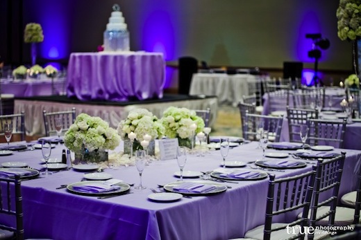 The Westin San Diego table settings with purple and violet linens.