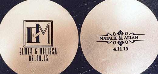 Two custom gobo monograms ready to be used for upcoming weddings with our wedding DJs.