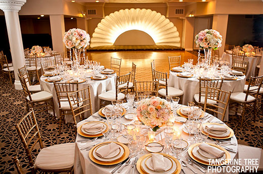 Ballroom of the Lafayette Hotel, set for a wedding.